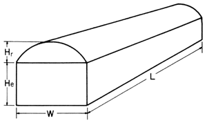 Quonset structure greenhouse. W is the width of the base, L is the length of the base, and He is the height of the walls. Hr is the height from the top of the walls to the peak of the roof.