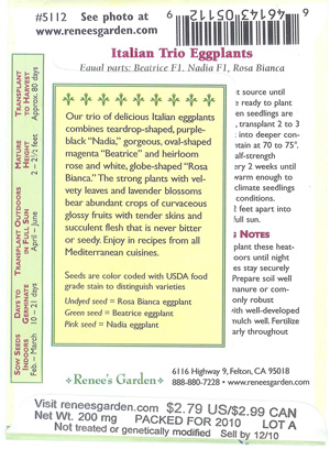 Italian trio eggplant seed label