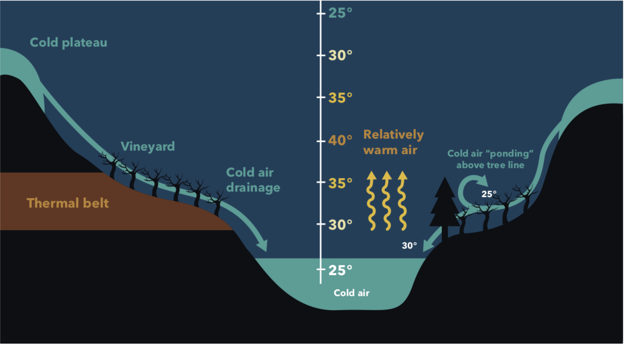 Valley topography results in a middle warm area and colder areas below and above. Cold air
