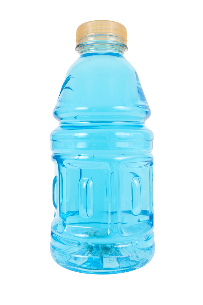 bottle of blue sports drink with the label removed