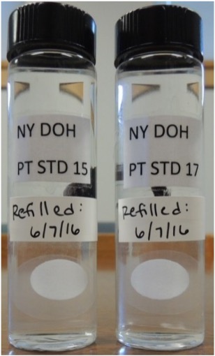 Water samples containing radon ready for testing using liquid scintillation counting.