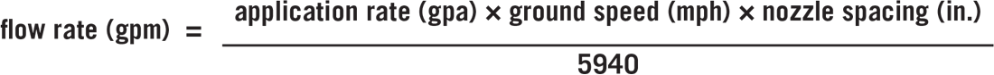 flow rate (gpm) = application rate (gpa) x ground speed (mph) x nozzle spacing (in.) / 5940