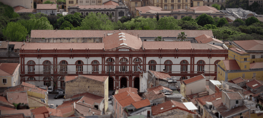 The main building of the University of Sassari in Italy, viewed from above and surrounded by other buildings