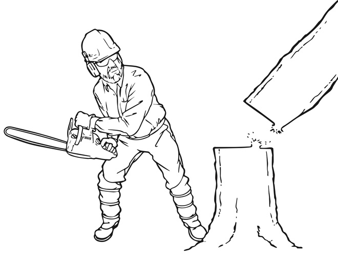 A person holding a chainsaw leans away from a tree falling with stump jump.