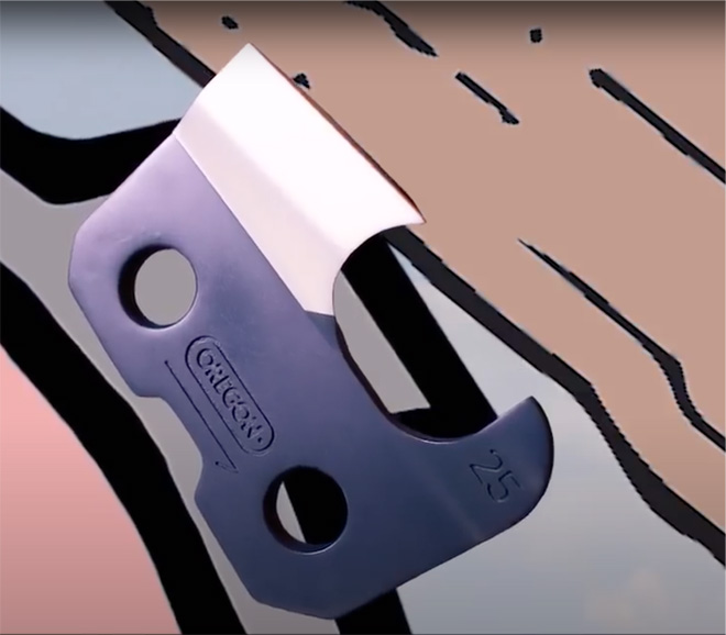 Close-up of what occurs when a chainsaw experiences kickback. A tooth of the chain catches on the wood it is cutting.