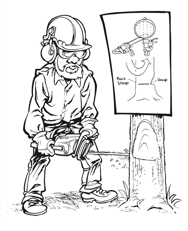 Cut an open-faced notch, then cut a bore cut from the opposite side of the trunk to cut down a tree without barber chair.