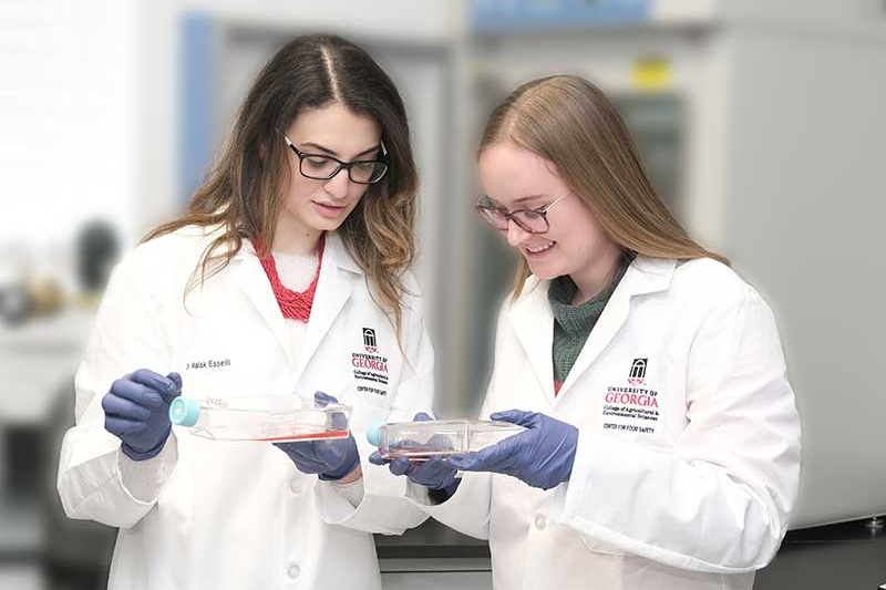 Malak Esseili (left) and graduate student Julianna Morris studied methods of inactivating SARS-CoV-2 on contaminated surfaces.