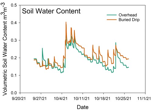 A chart depicting soil water content comparisons between ssdi and overhead watering.