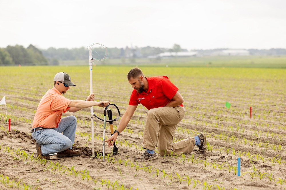 UGA-Tifton personnel kneel down to work with technology in the field