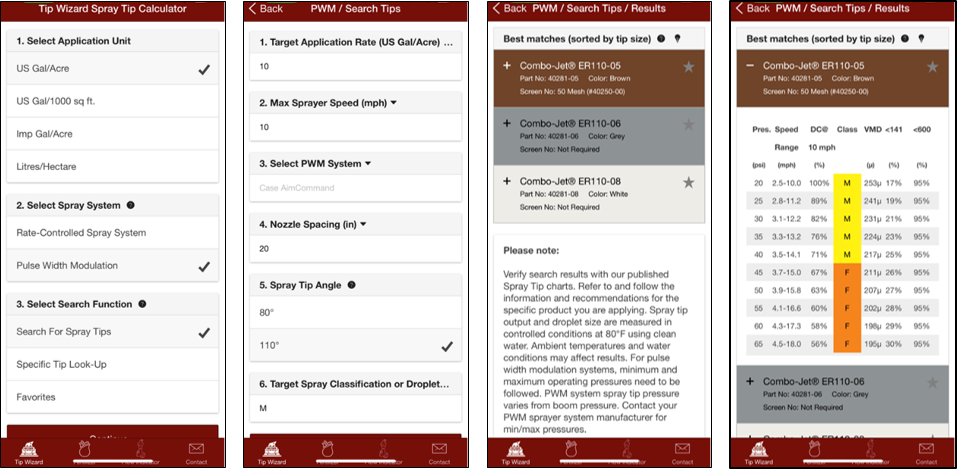 Four screen captures from a mobile device displaying Wilger's Tip Wizards various menus