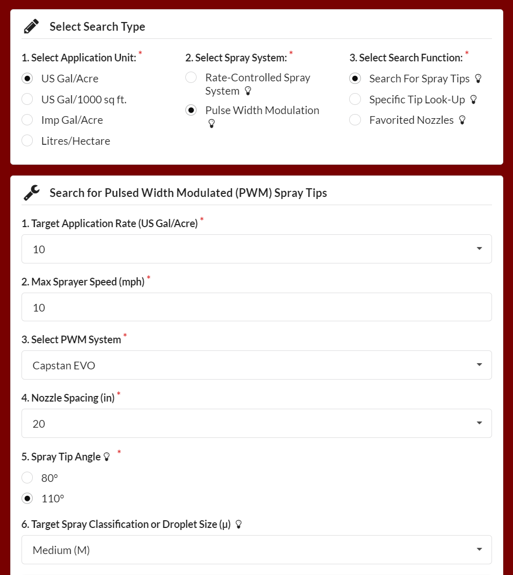 A screen capture of the nozzle selection interface for Wilger's Tip Wizard