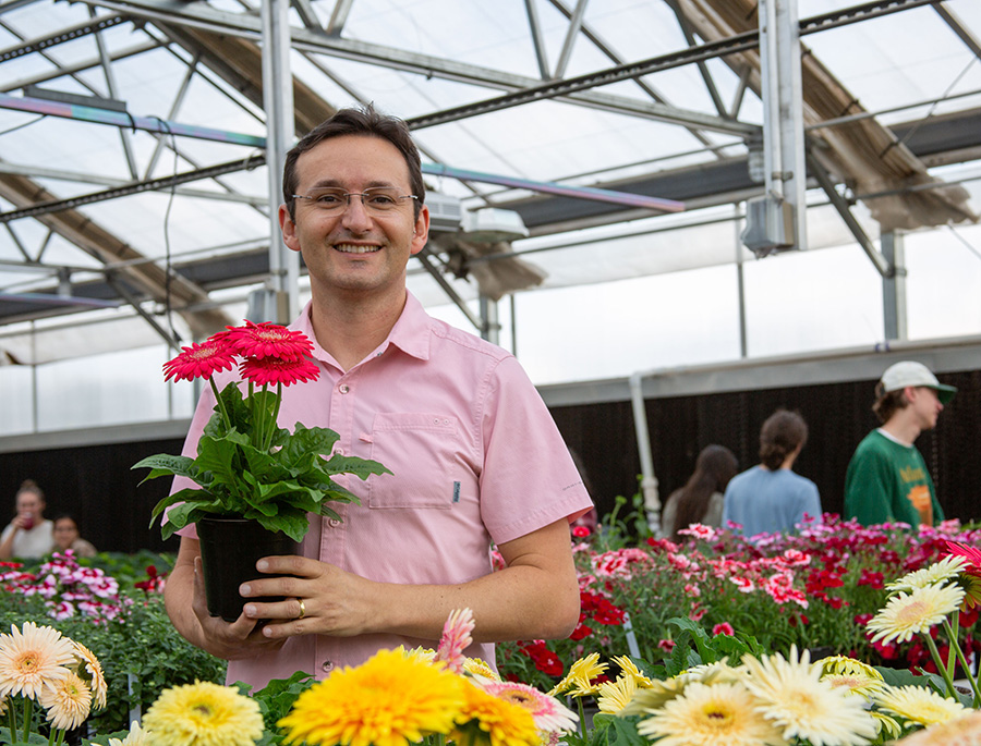 A man in glasses and a red checked shirt stands smiling in a greenhouse holding a gerbera daisy.