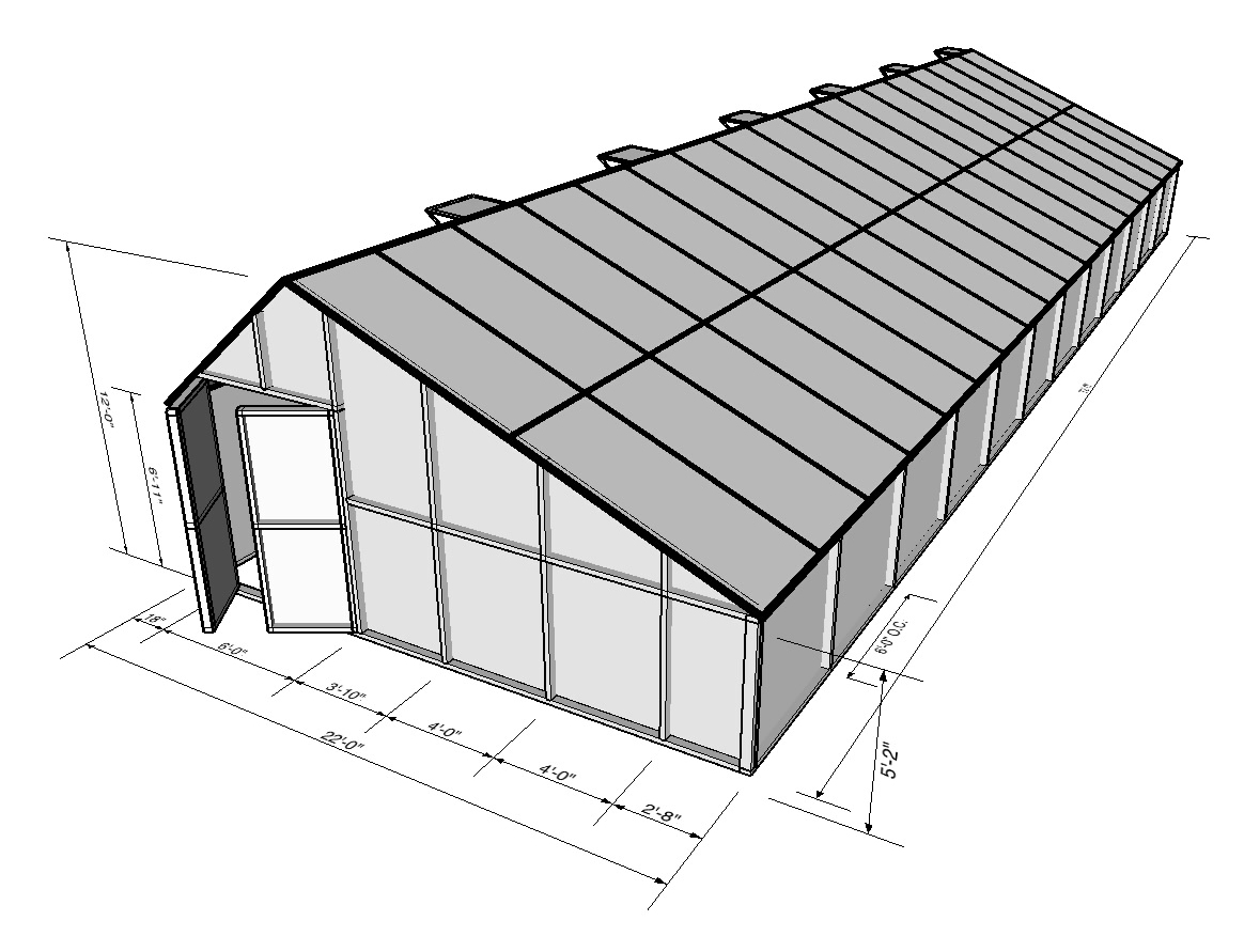 Computer rendering of a greenhouse structure showing uprights and framing with measurements marked.