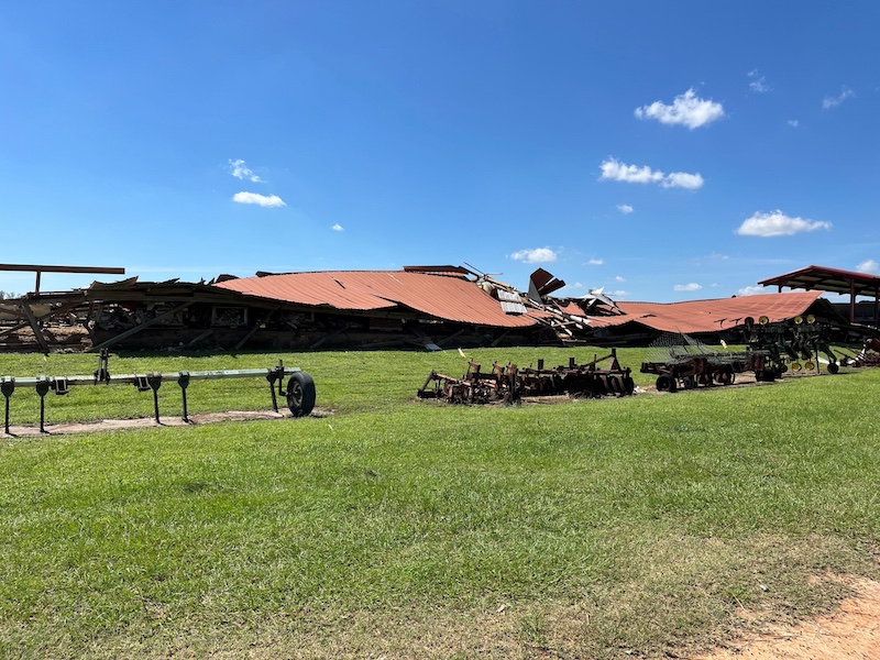 A severely damaged barn in Coffee County, Georgia