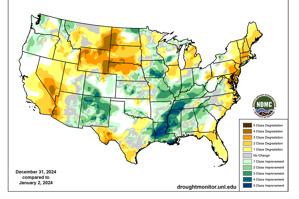 Map of U.S. drought change in 2024 showing areas of drought improvement or degradation in color-coded classes.