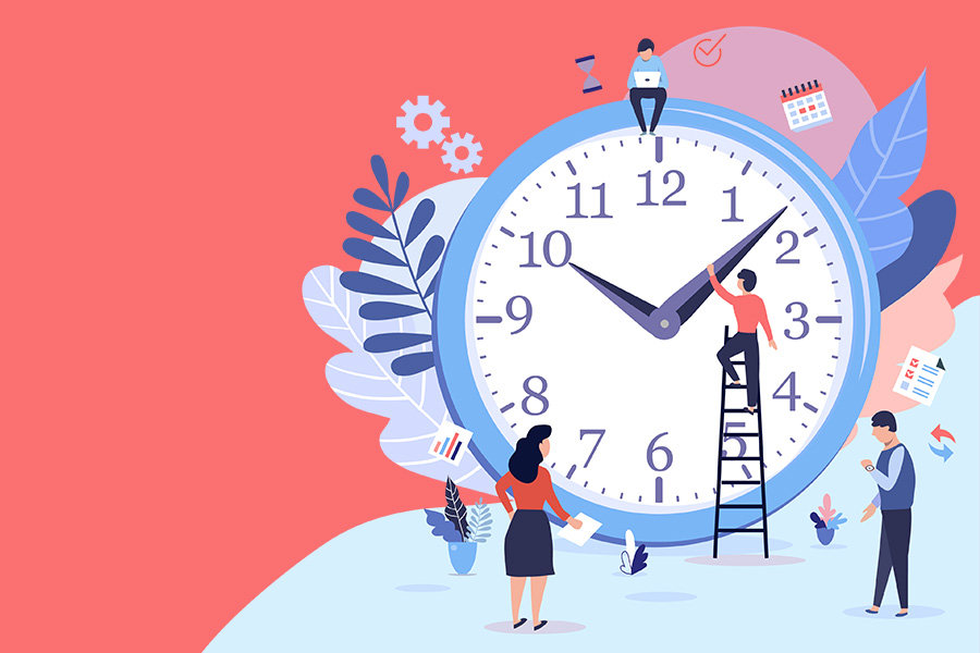 Illustration of people managing time around a large clock, symbolizing a focus on time management.