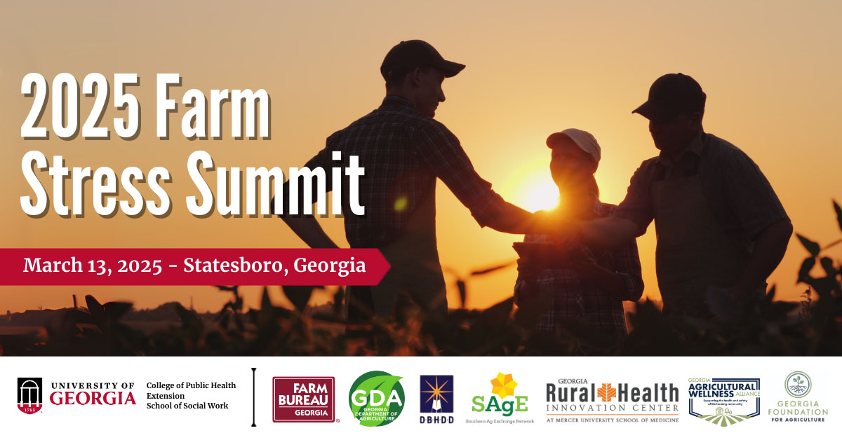 Photo of farmers in silhouette against a sunrise with information on the 2025 Farm Stress Summit to be held in Statesboro, Georgia, on March 13.